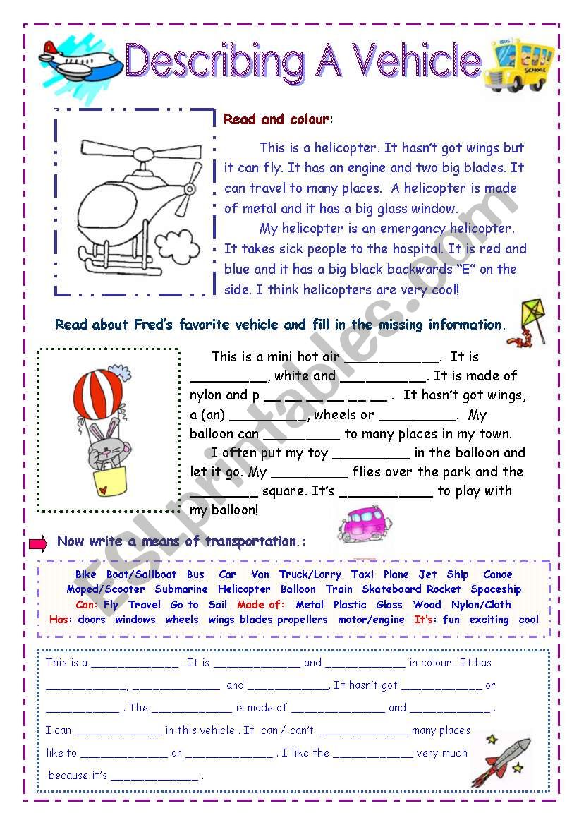 Describing a Vehicle worksheet