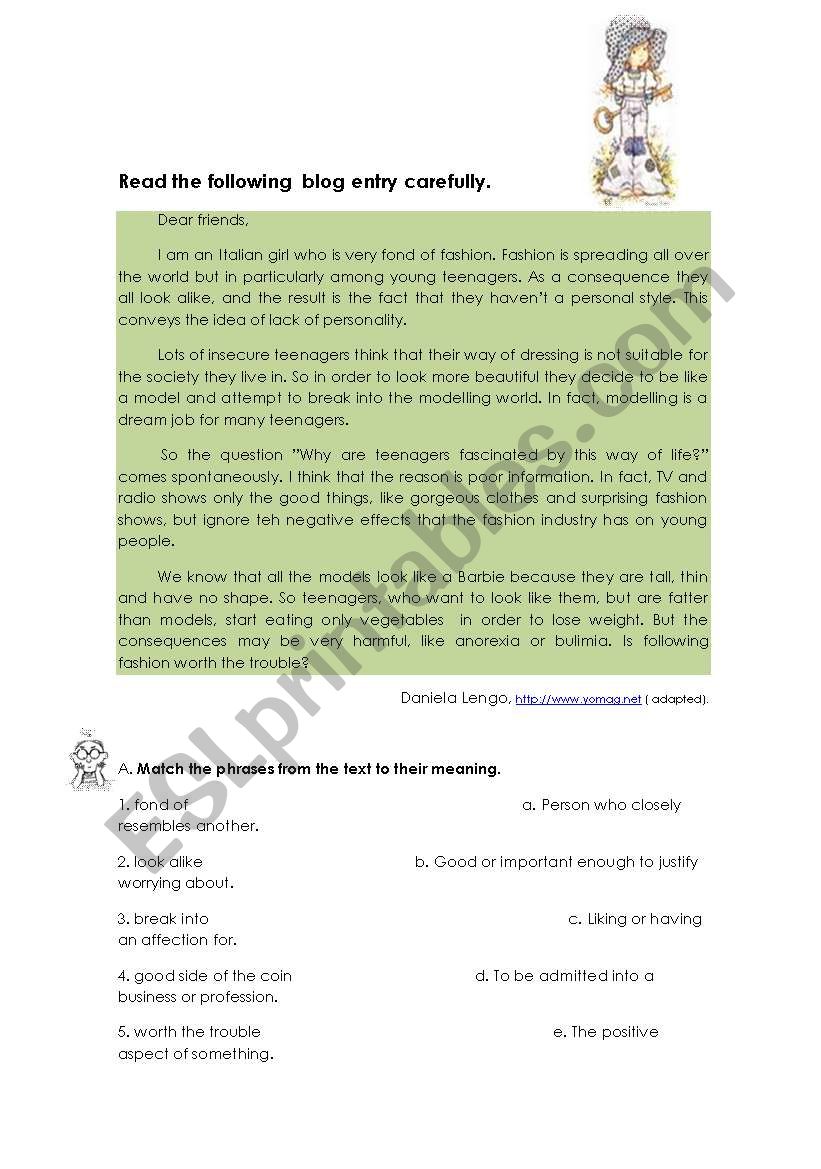  Test/ reading comprehension worksheet