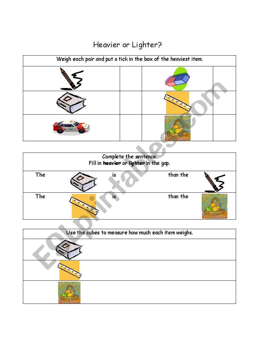 Heavier or lighter? worksheet