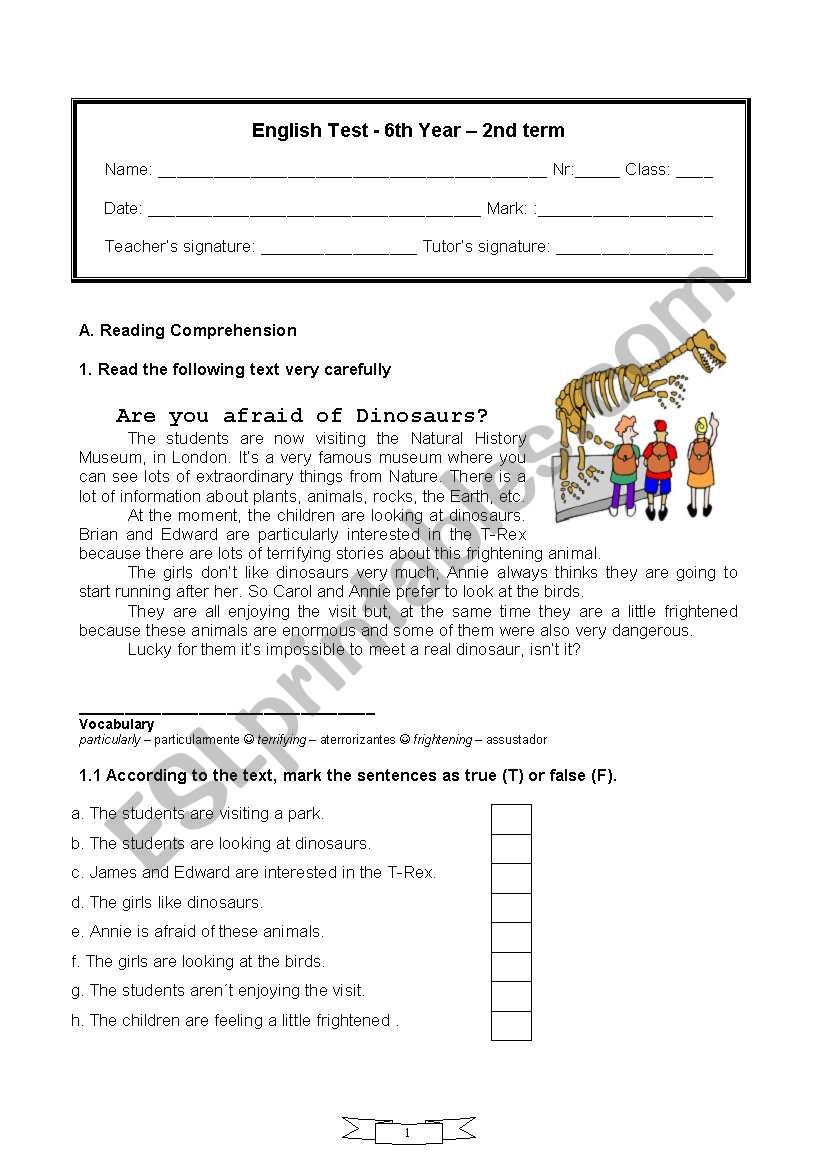 6th year English Test worksheet