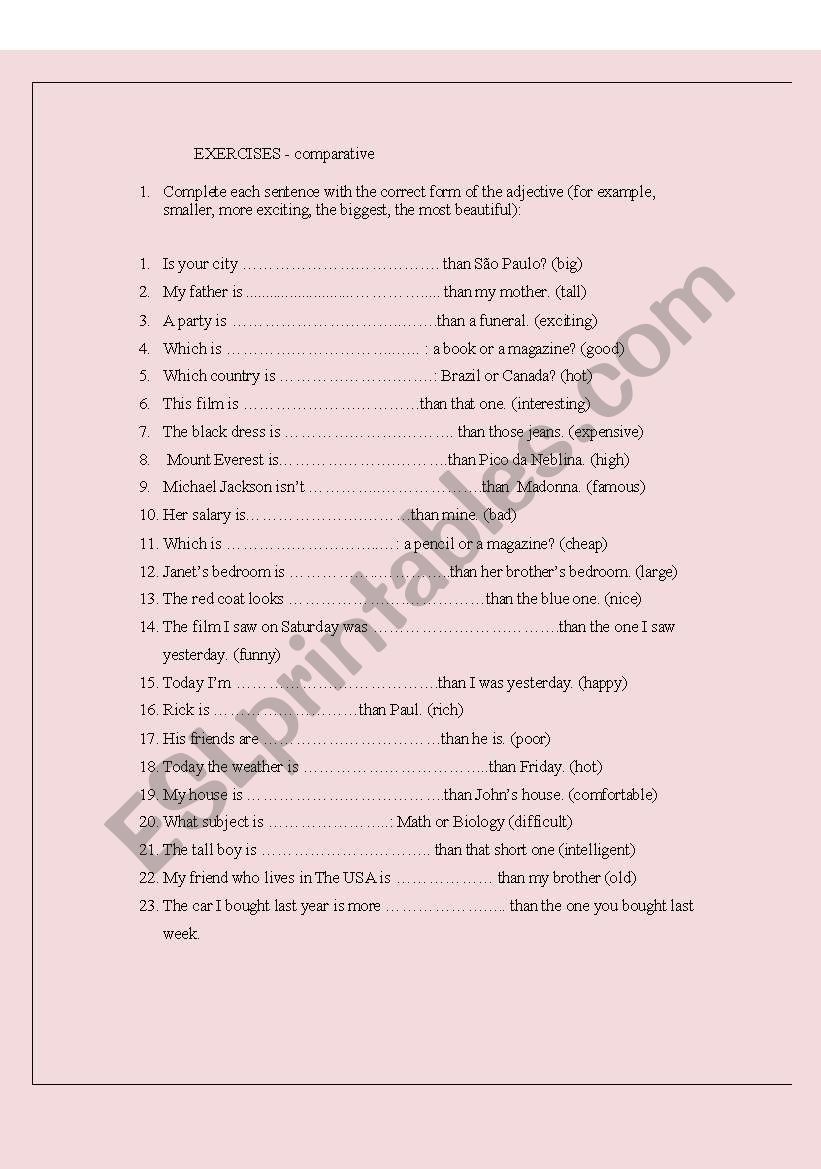 comparative worksheet