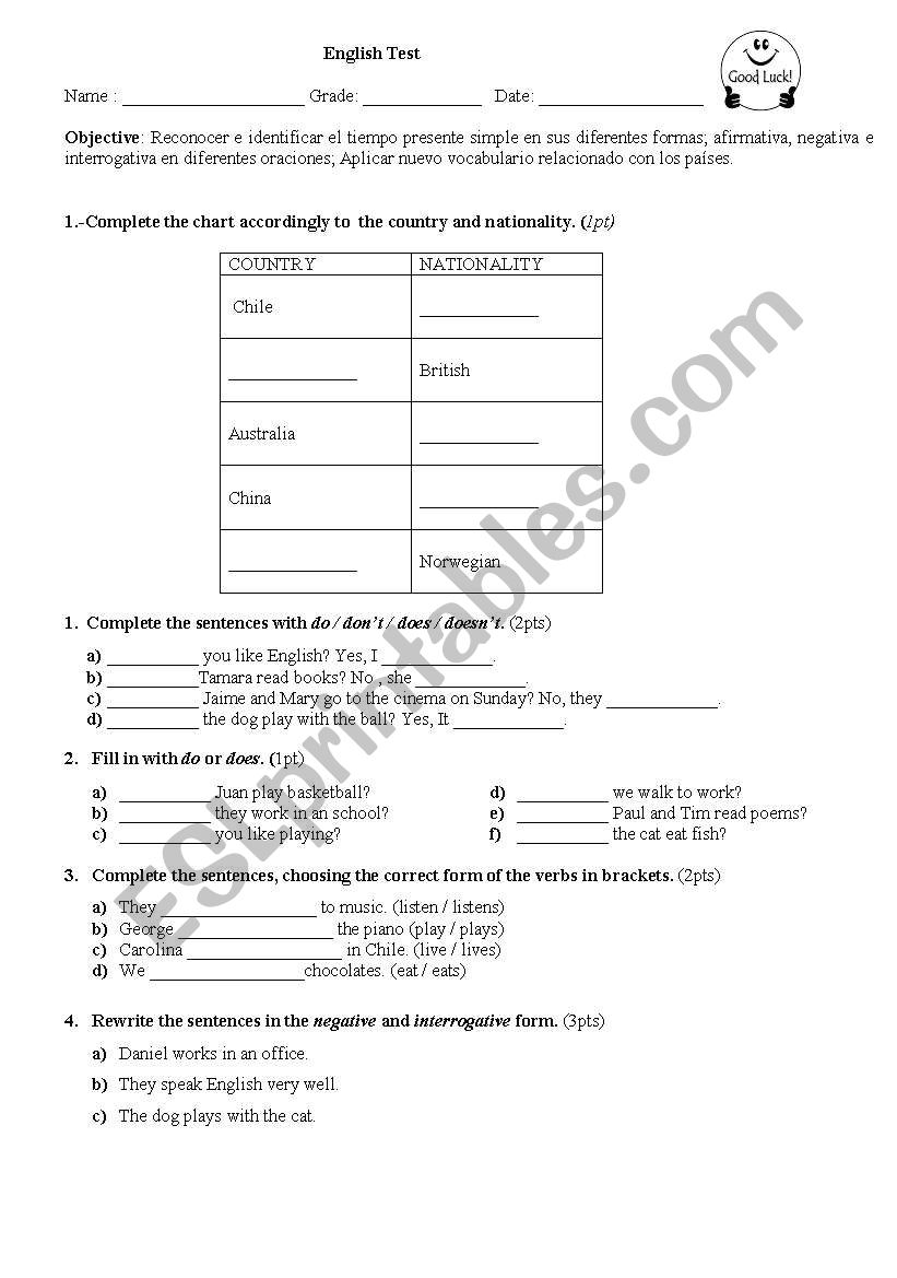 present simple test worksheet