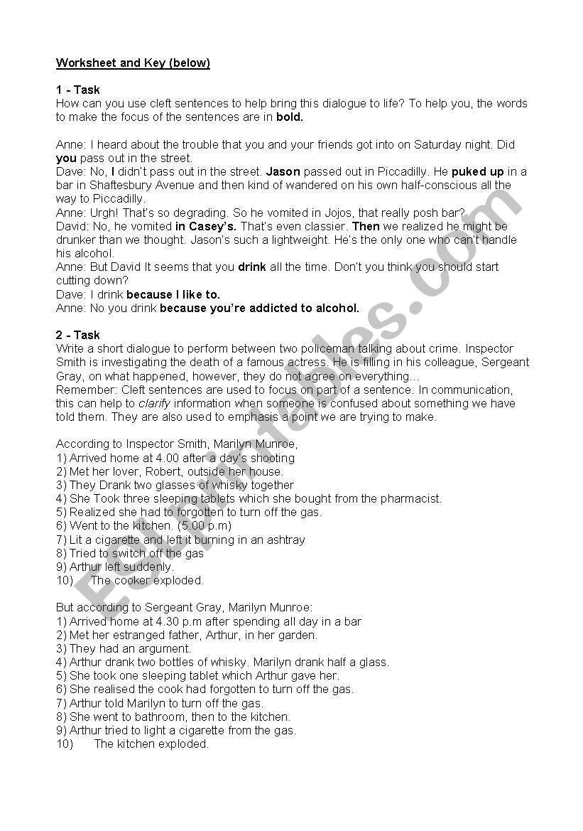 Cleft Sentences. (Answer Key on the second sheet - delete before giving to students!)