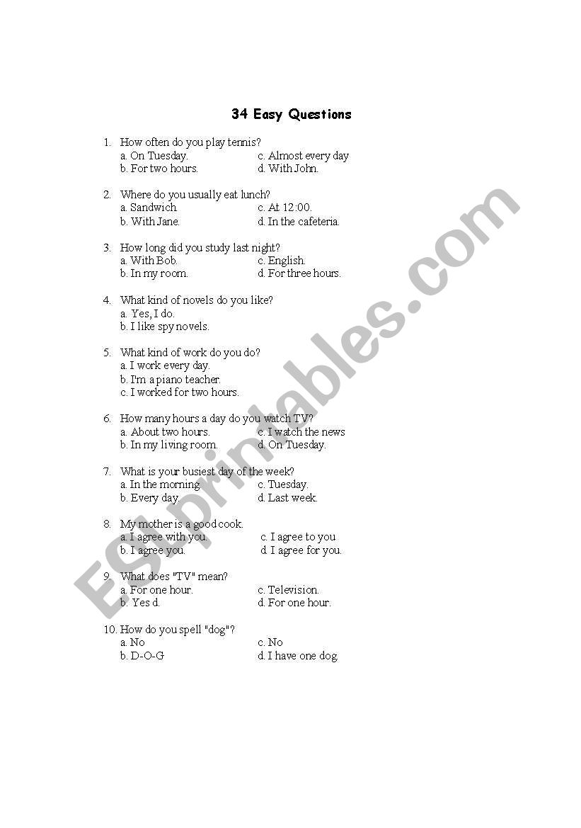 34 easy questions worksheet