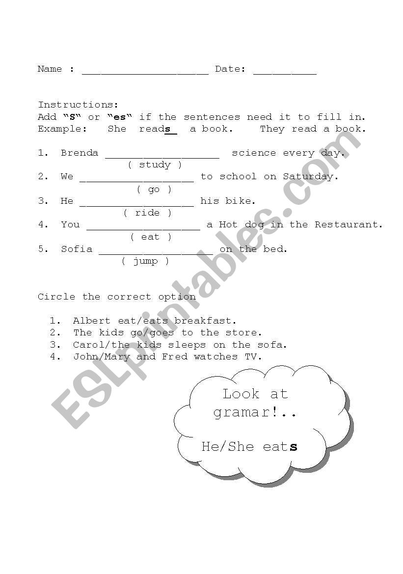 Add s or es worksheet