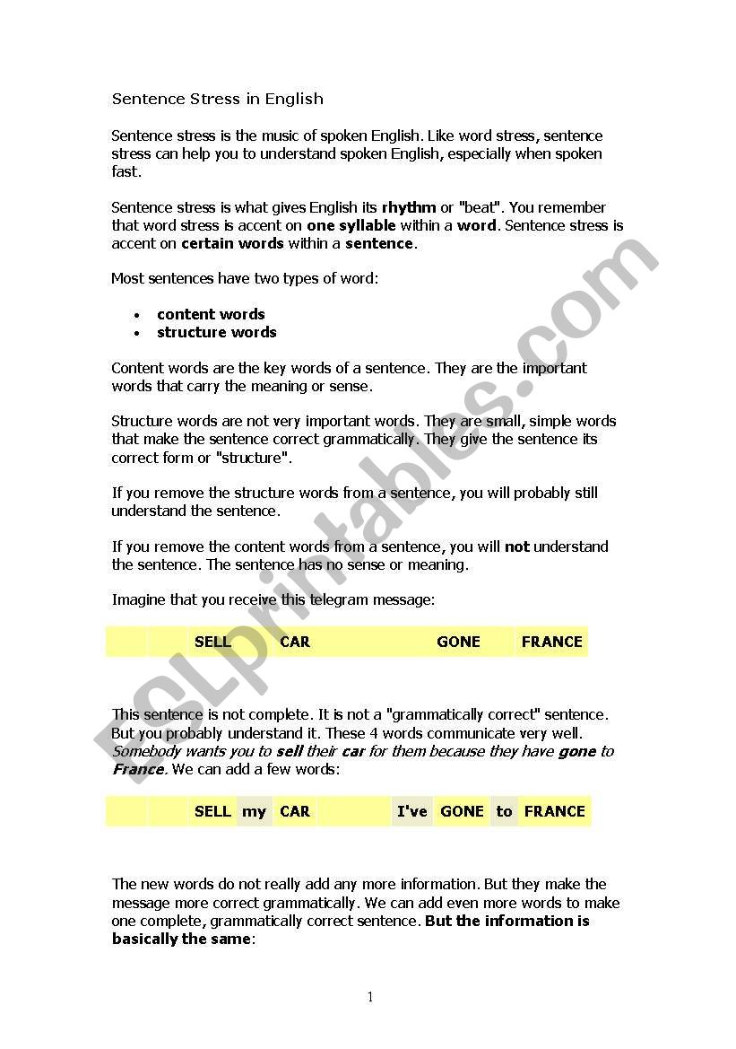 Sentences Stresses in English worksheet