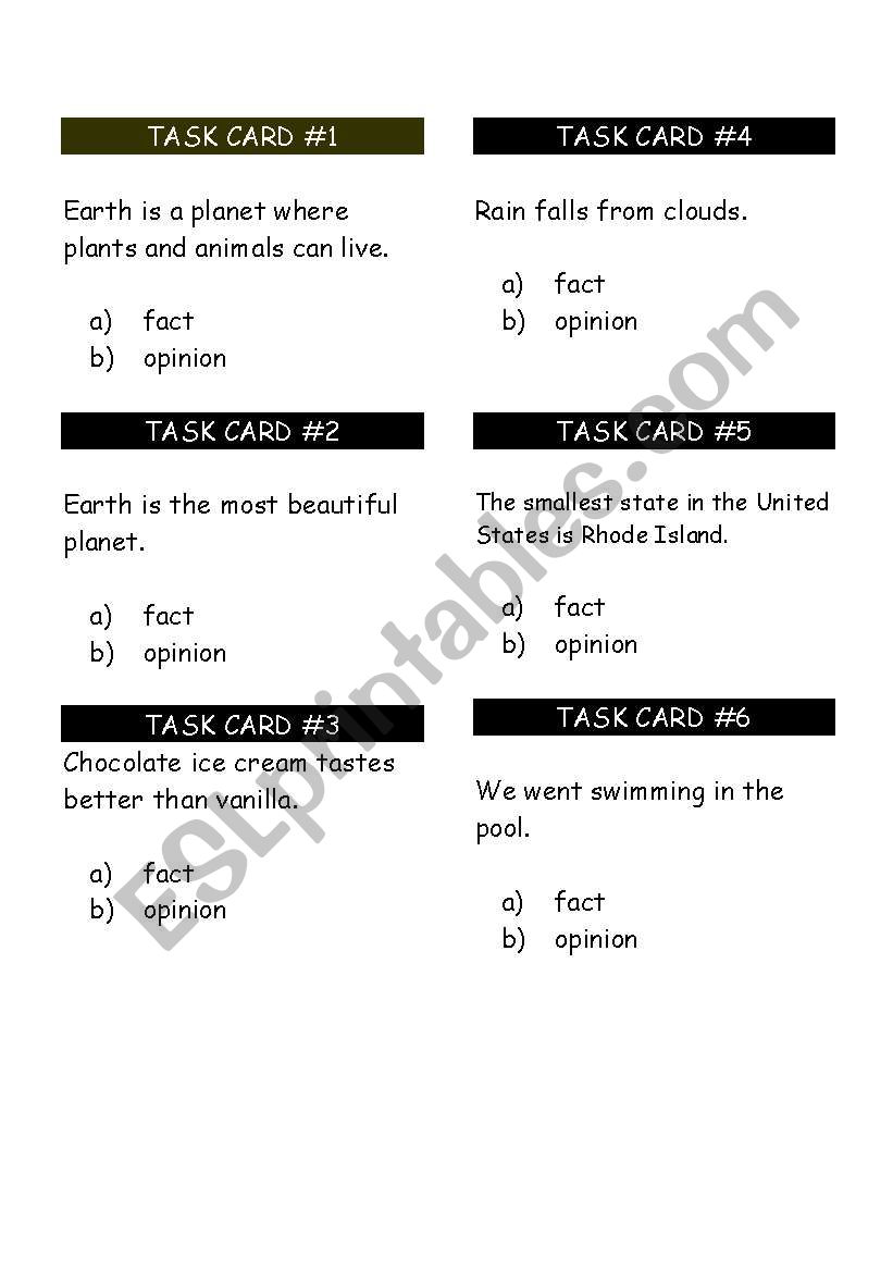 Fact and Opinion Task Cards worksheet