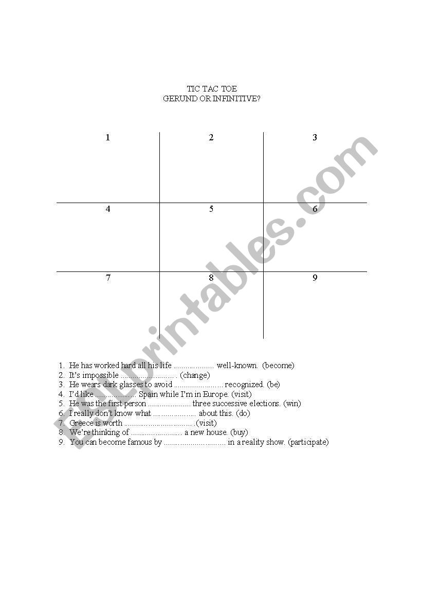 Gerund or Infinitive Tic Tac Toe