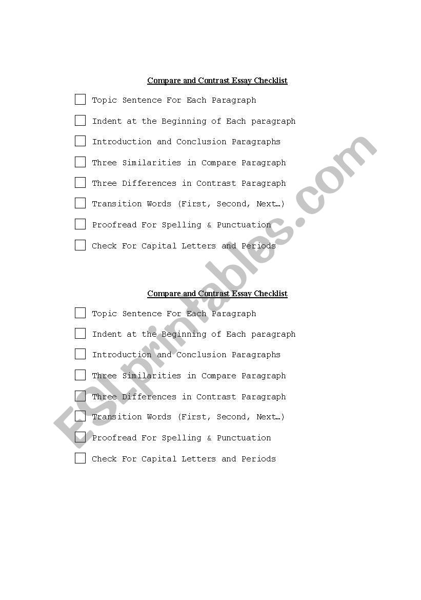 Compare Contrast Checklist worksheet