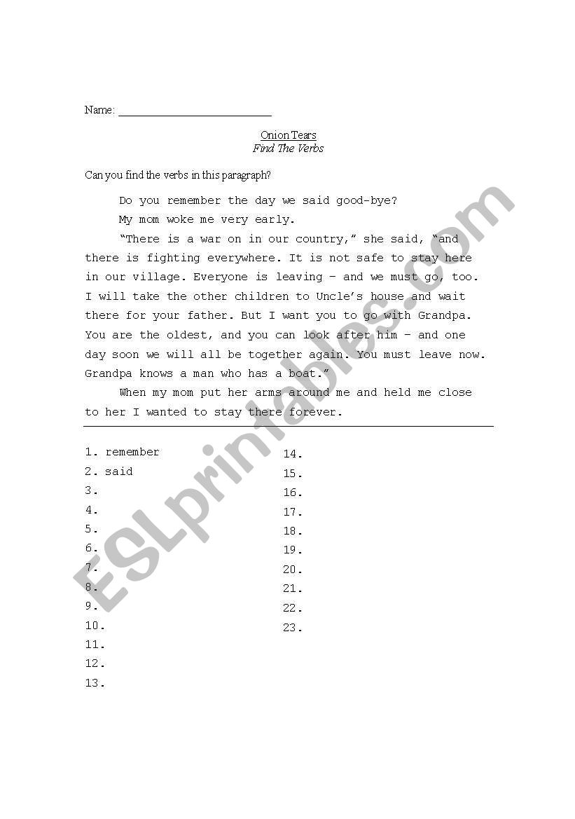 Find the Verbs worksheet