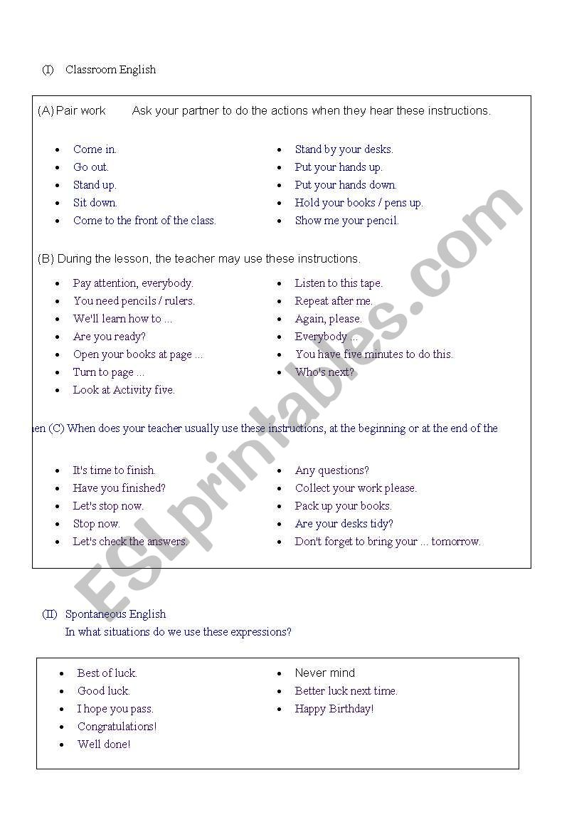 Classroom Language worksheet