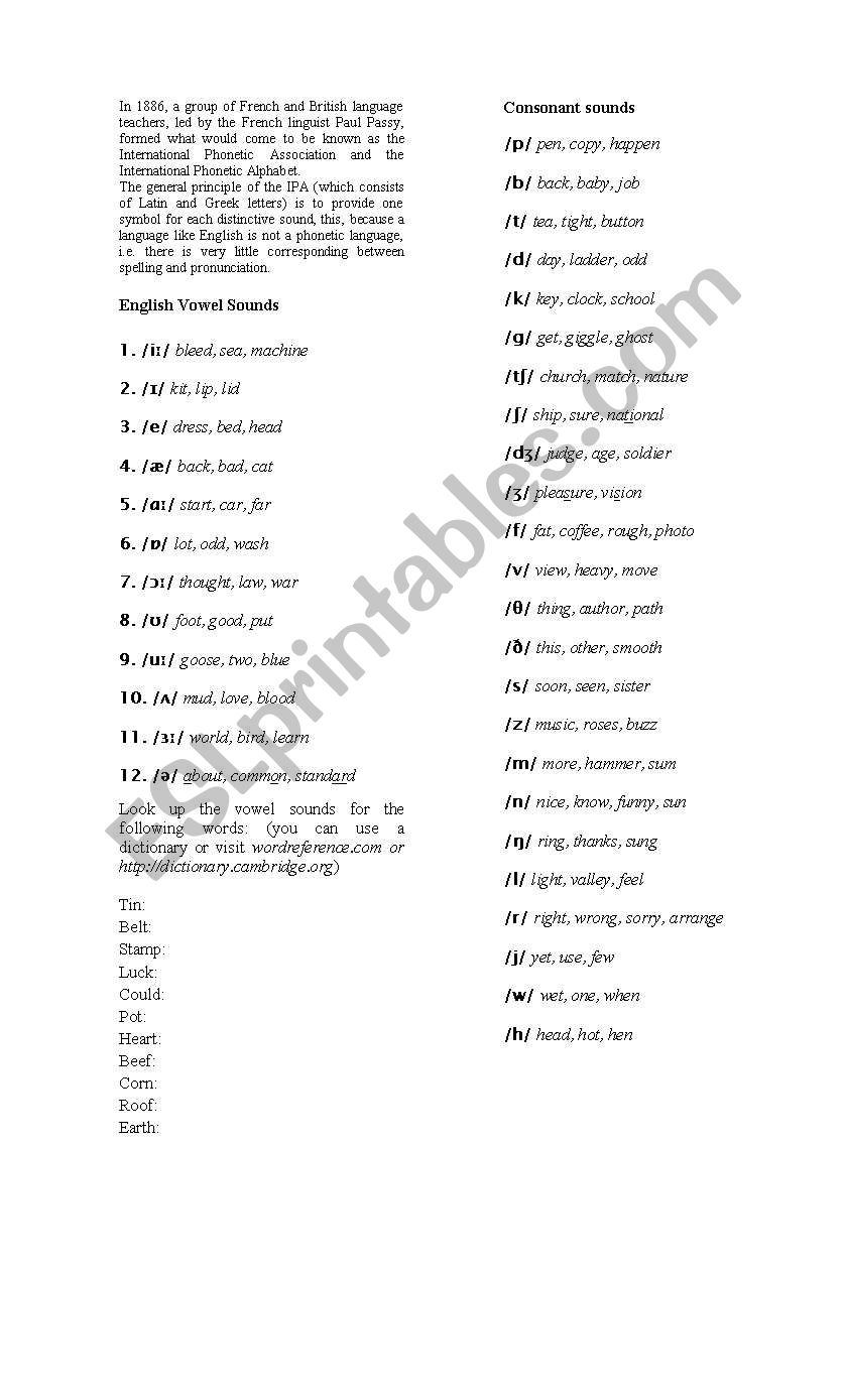 English vowel sounds worksheet