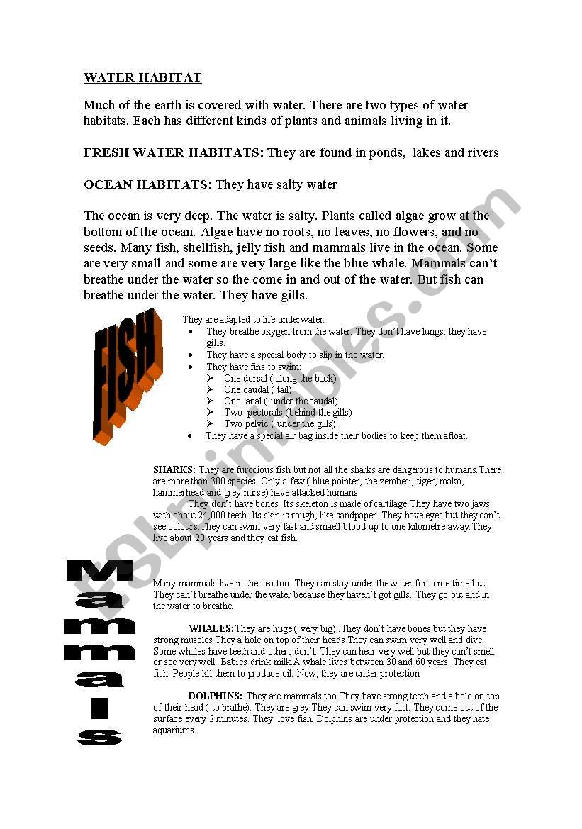 WATER HABITAT worksheet