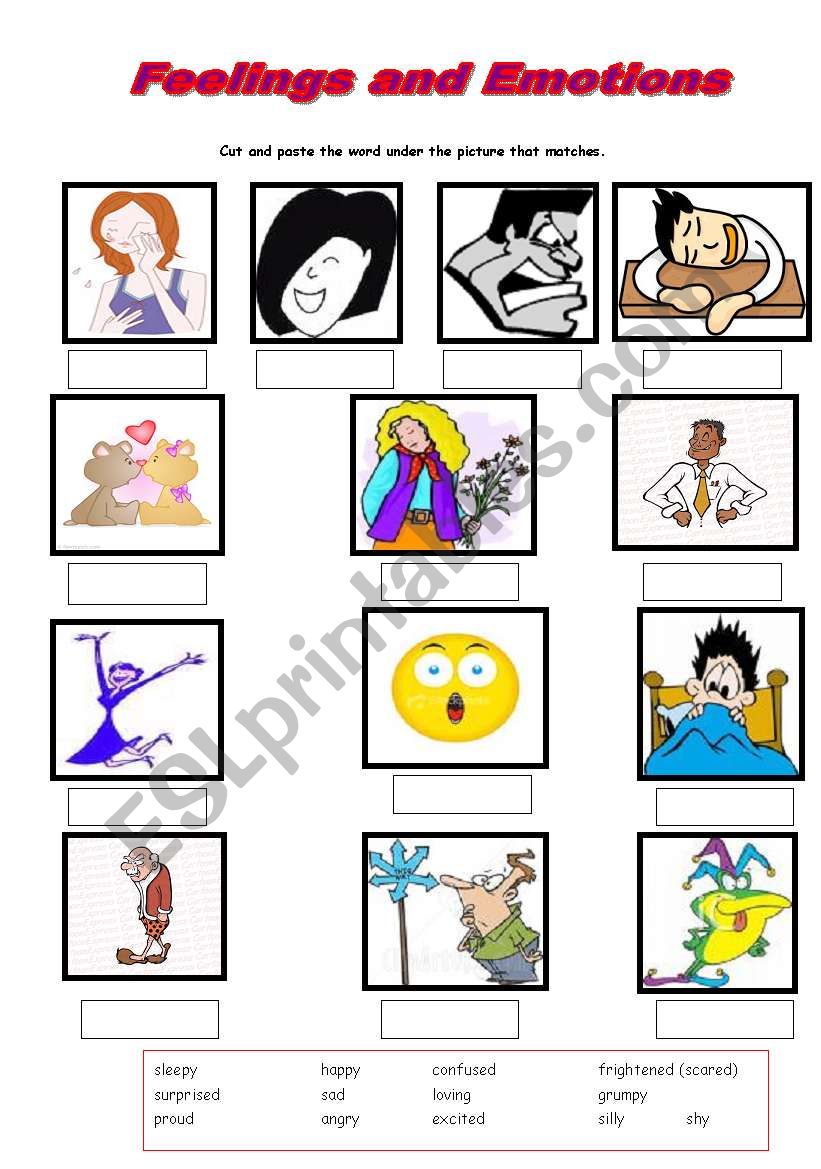 Feelings - Cut and Paste activity - Match words to picture