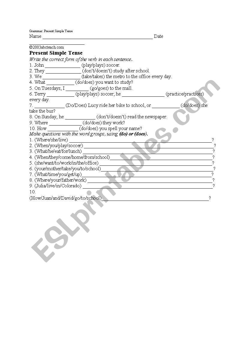 Present Simple exercise worksheet