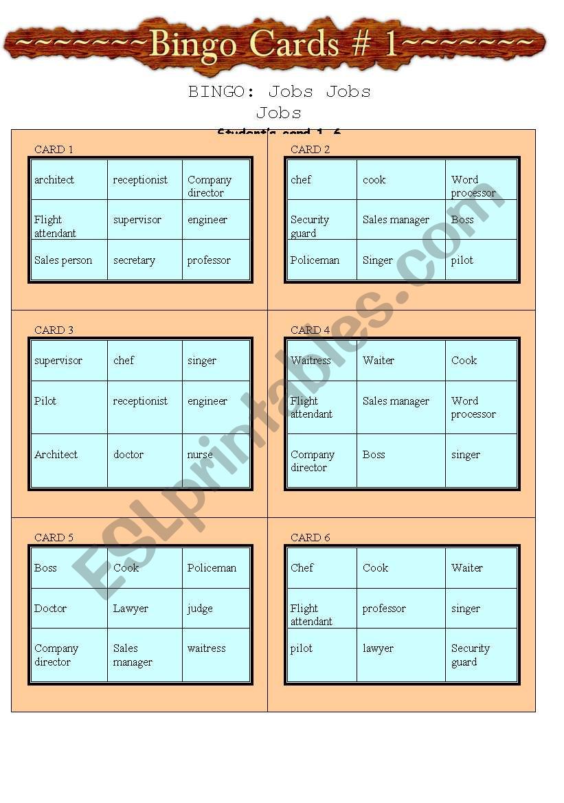 Bingo Cards on Jobs worksheet