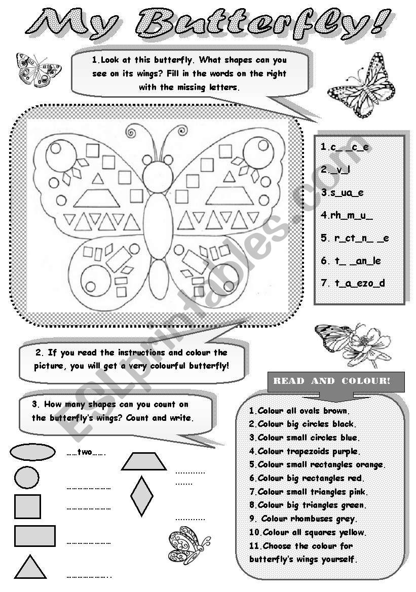 MY BUTTERFLY! - FUN WITH SHAPES!!! (+ revision of colours and numbers) for kids -3 activities to practise shapes