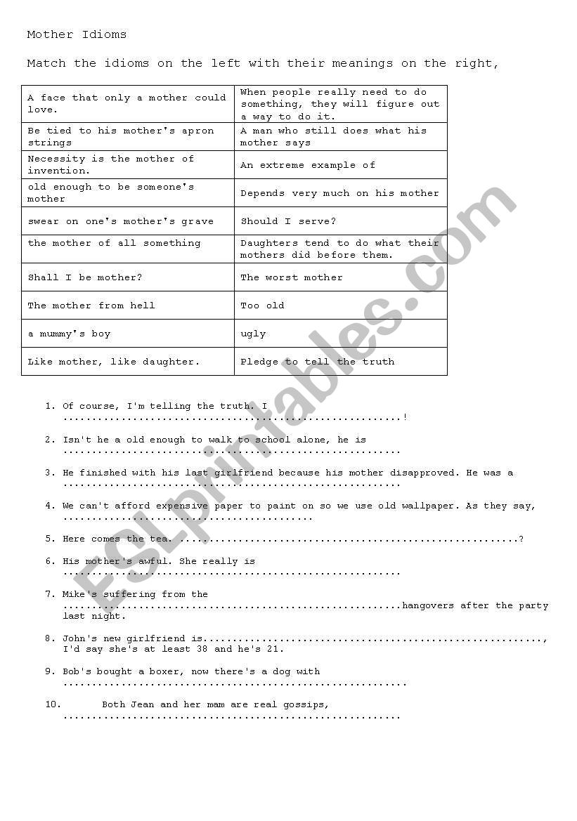 mother idioms worksheet