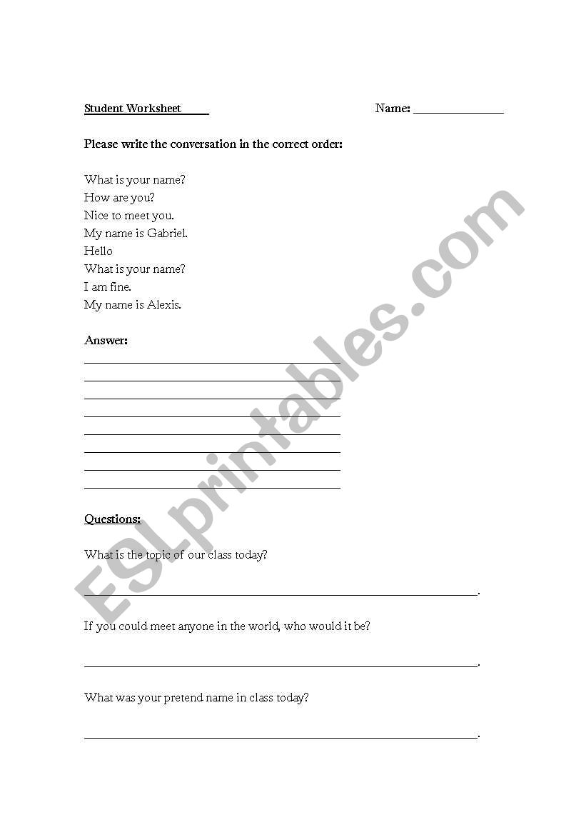 Introductions Worksheet worksheet