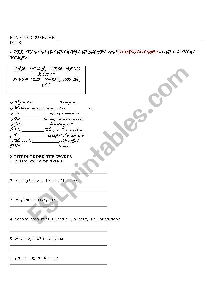 uso del presente simple worksheet