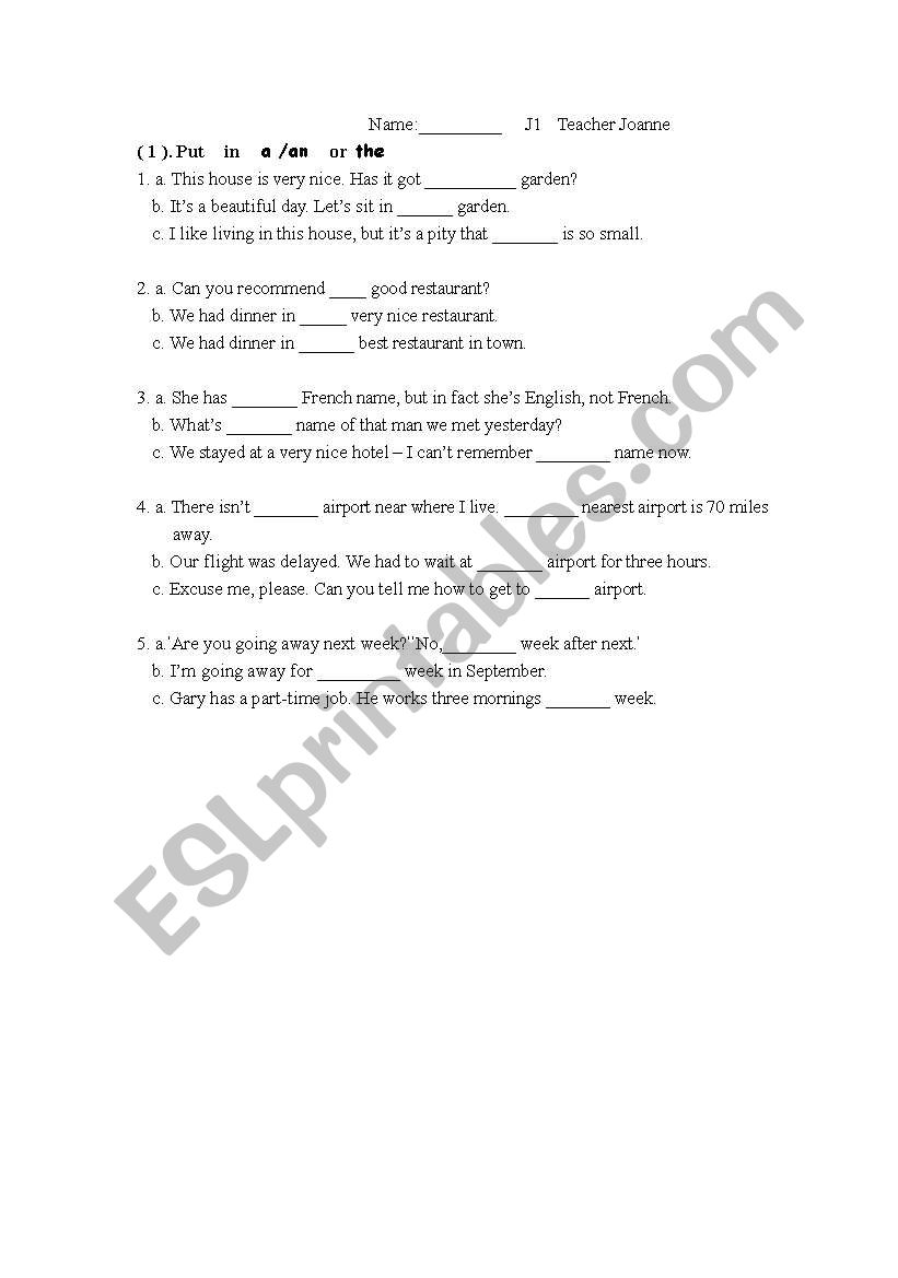Grammar :Articles worksheet