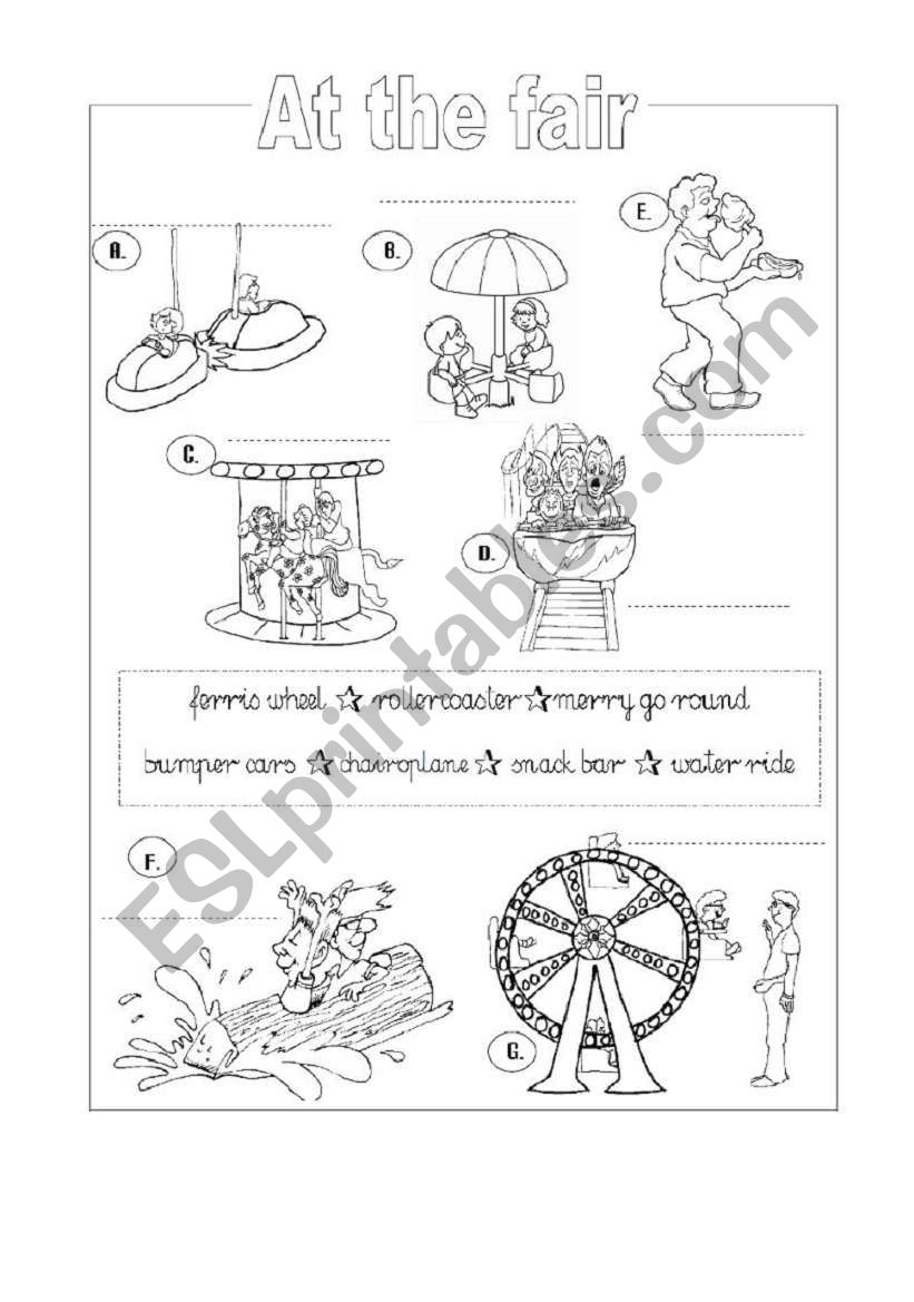 Funfair flashcard and activities set - part 3 - black and white printer-friendly worksheet (2 pages)