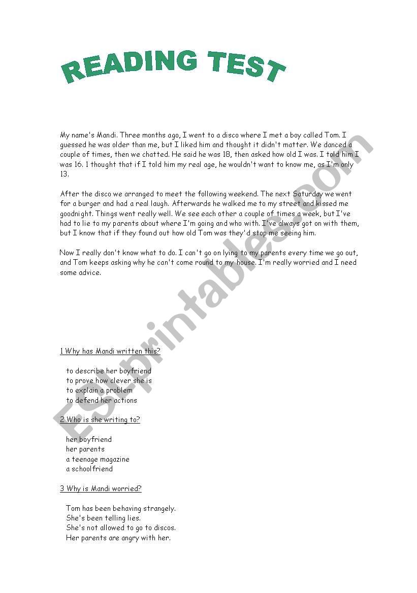 Reading test worksheet