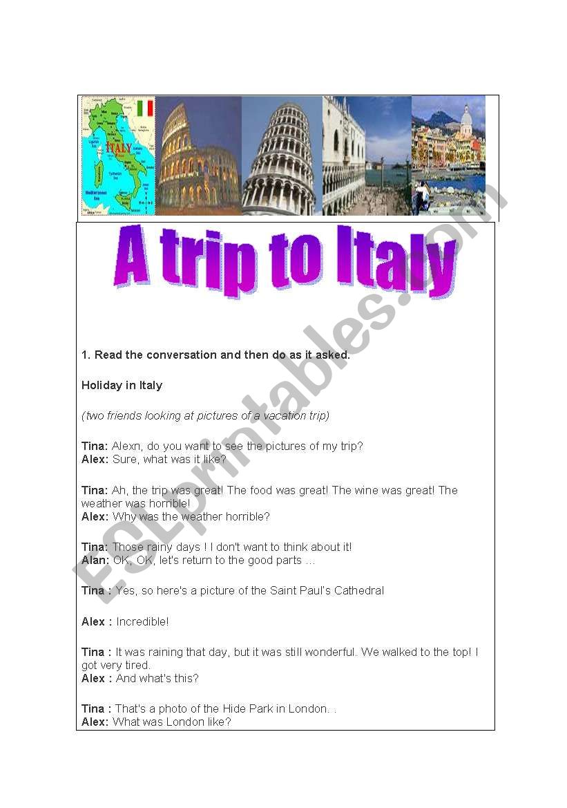 A Trip to Italy worksheet