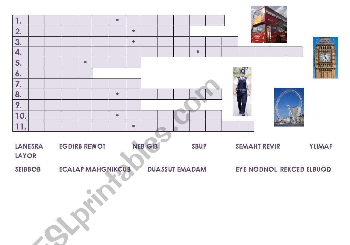 London Attractions Crossword worksheet