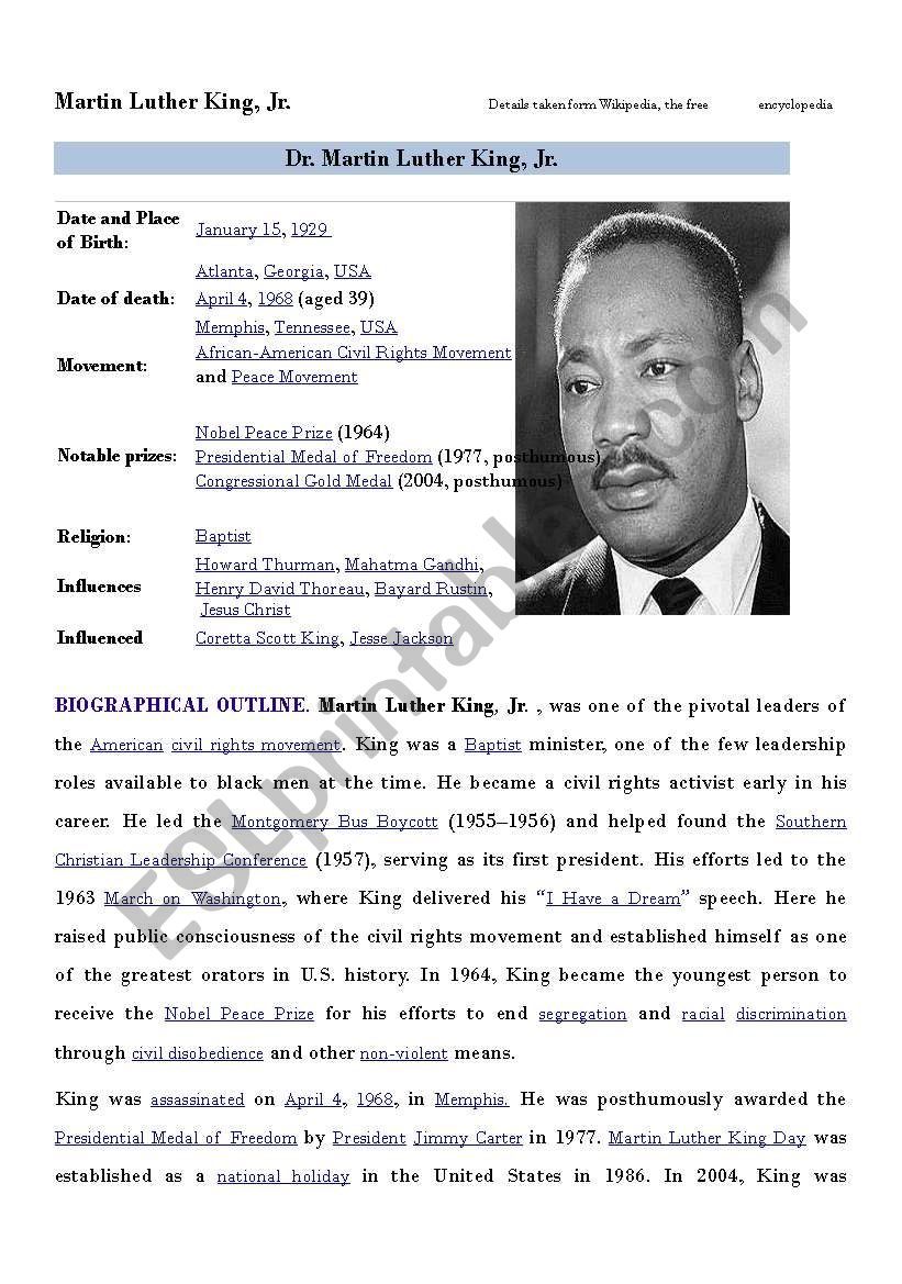 martin luther king jr biography worksheet