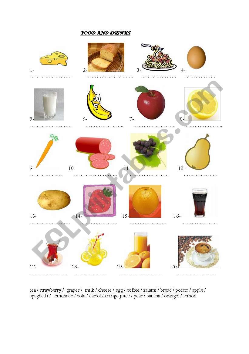 food and drinks worksheet