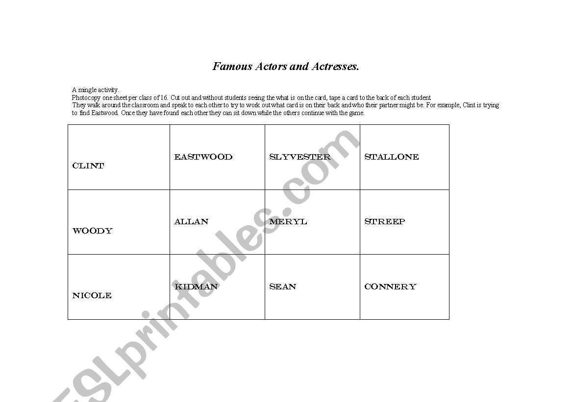 Famous Actors Mingle Activity worksheet