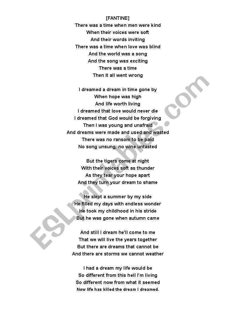 English worksheets: I dreamed a dream (lyrics)