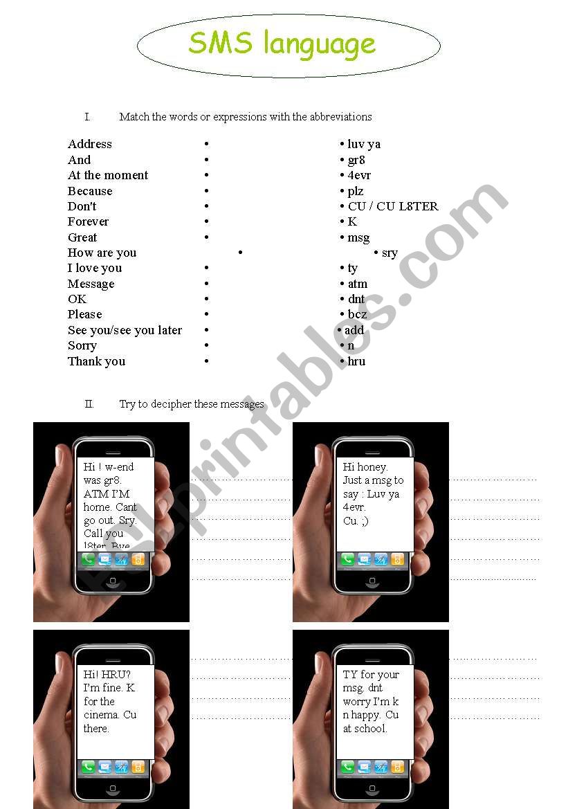 SMS Language worksheet