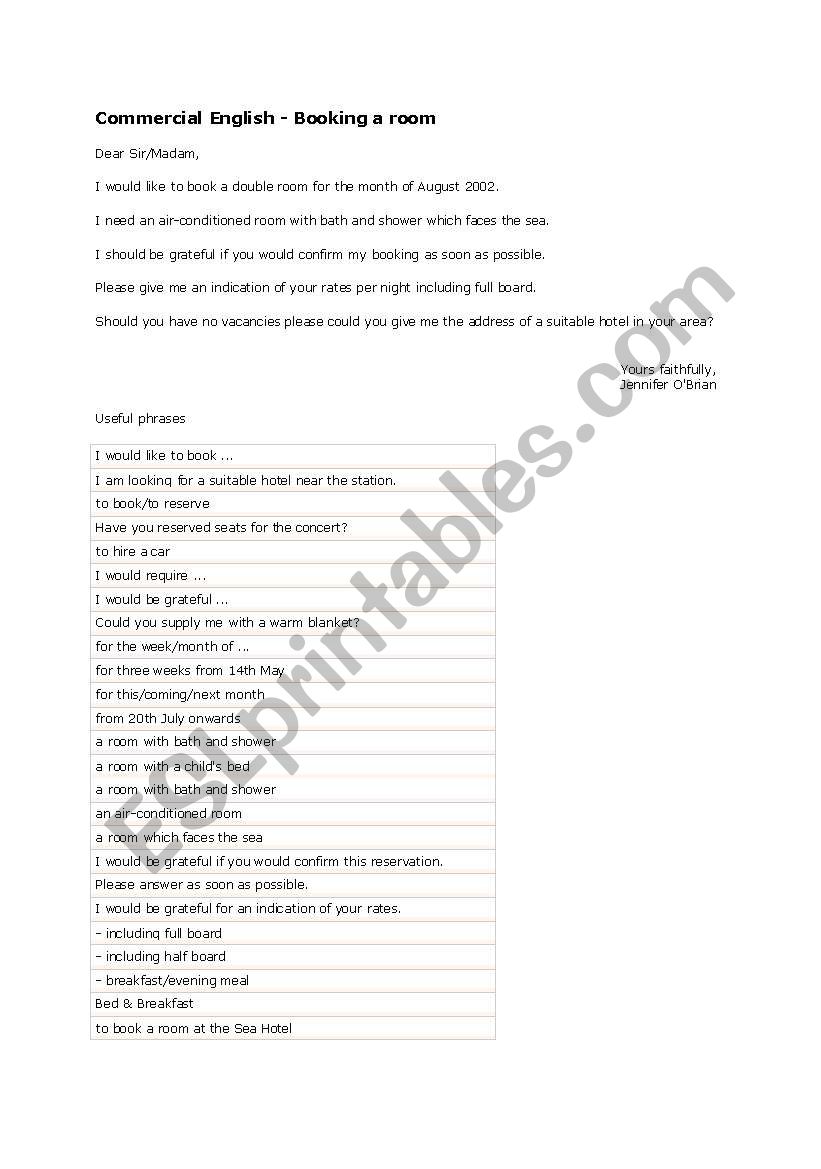 Vocabulary - Room Booking worksheet