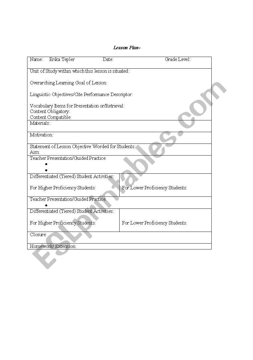 Lesson Plan Template worksheet