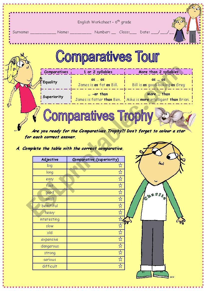 Comparatives Trophy 2 pages worksheet