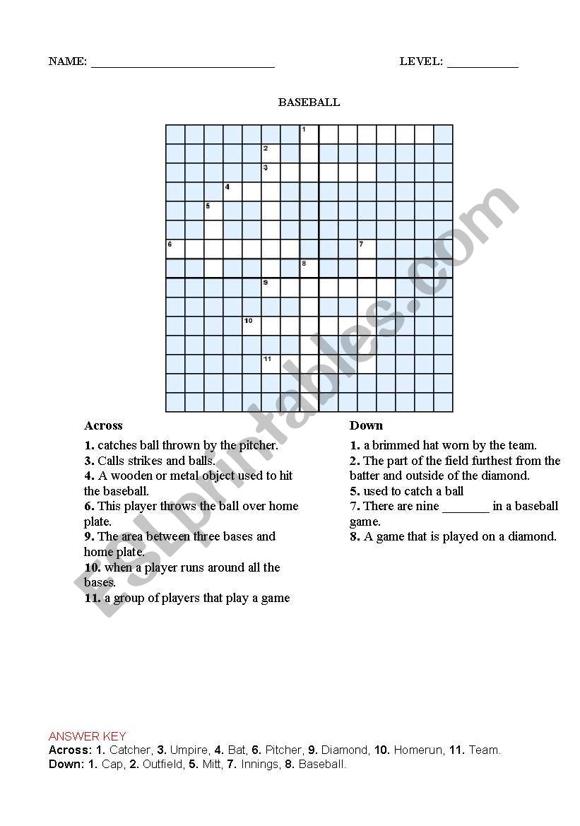 BASEBALL CROSSWORD worksheet