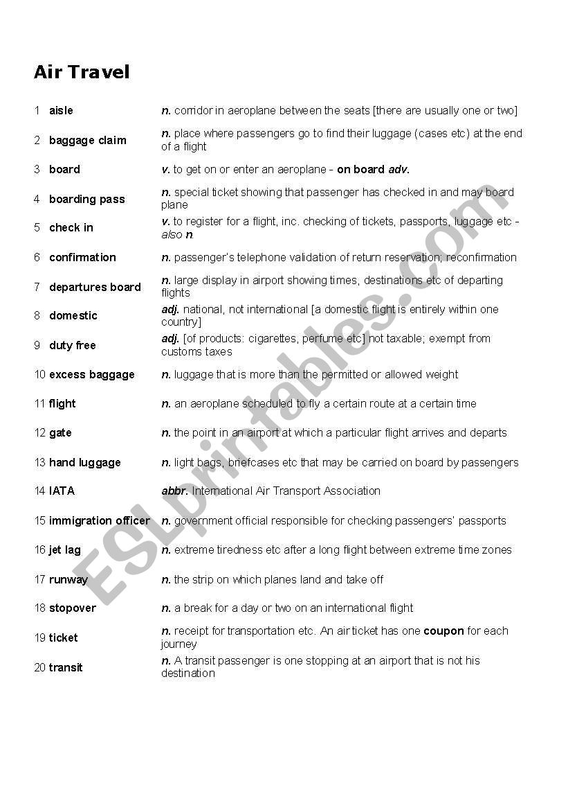 Air Travel Vocabulary worksheet