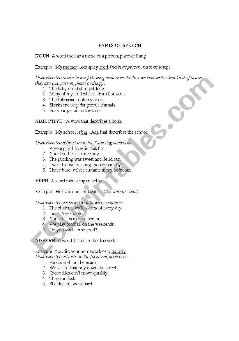 Parts of Speech worksheet