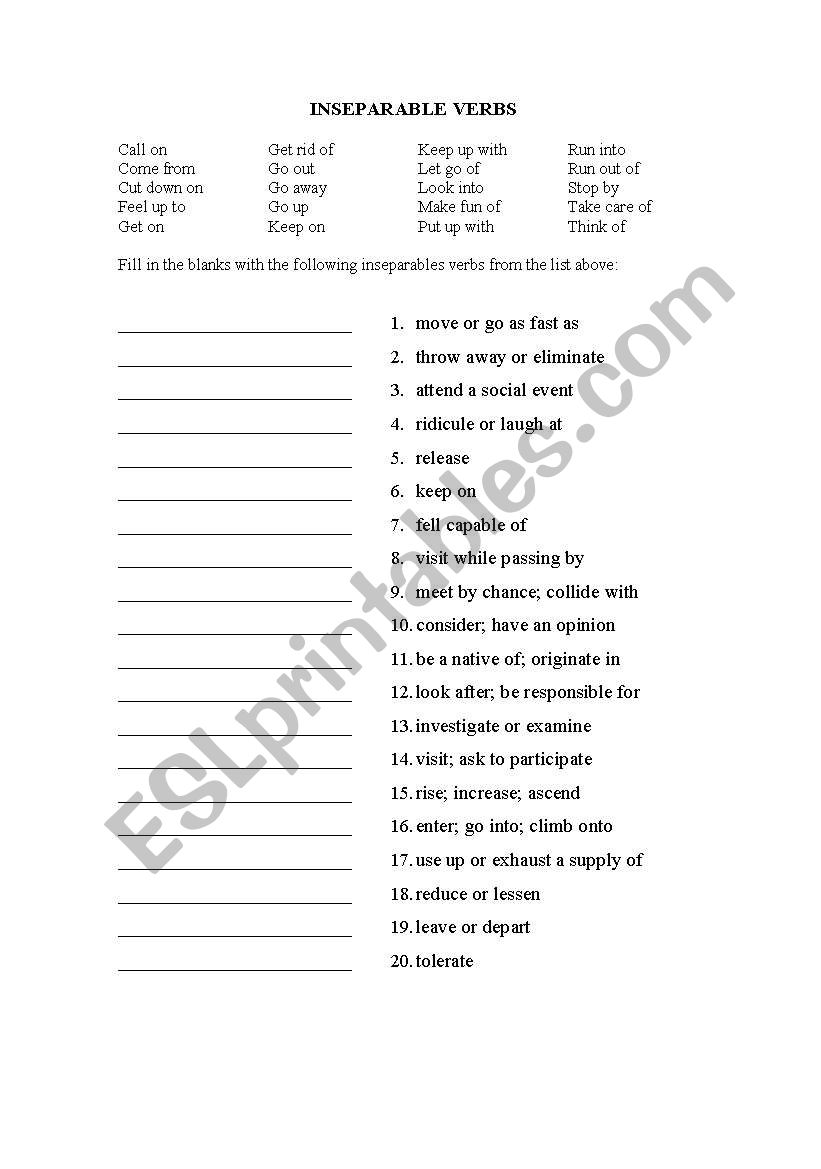 Inseparable Two-word verbs worksheet