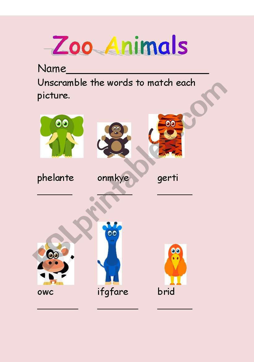zoo animal word scramble worksheet
