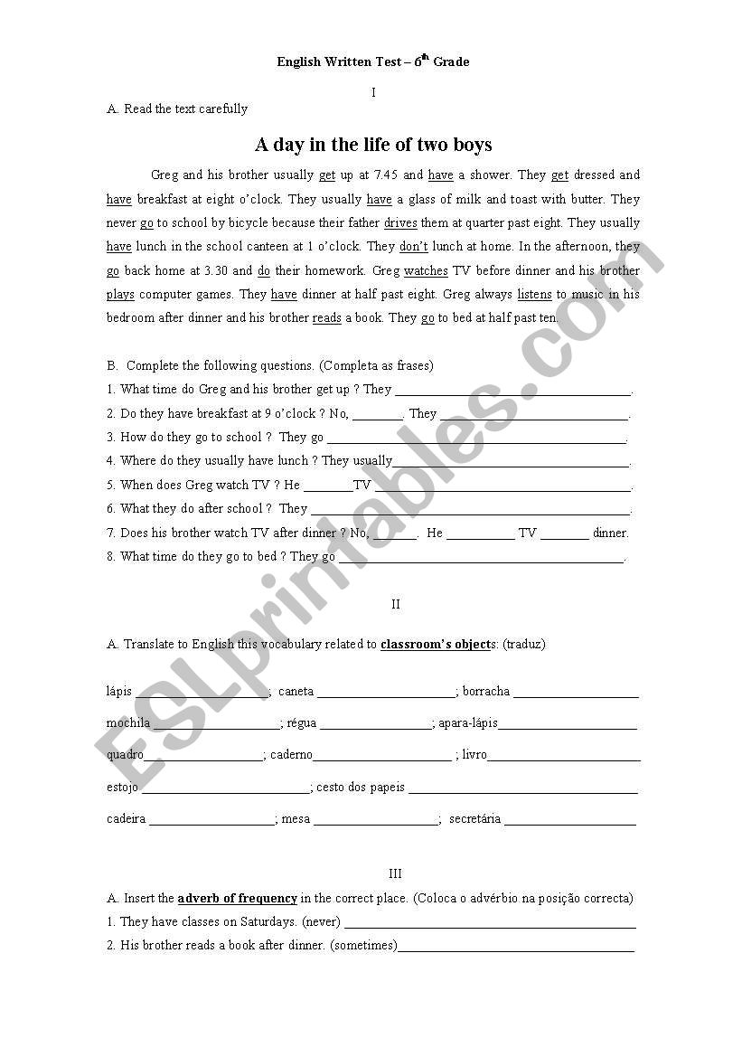 6th grade test worksheet