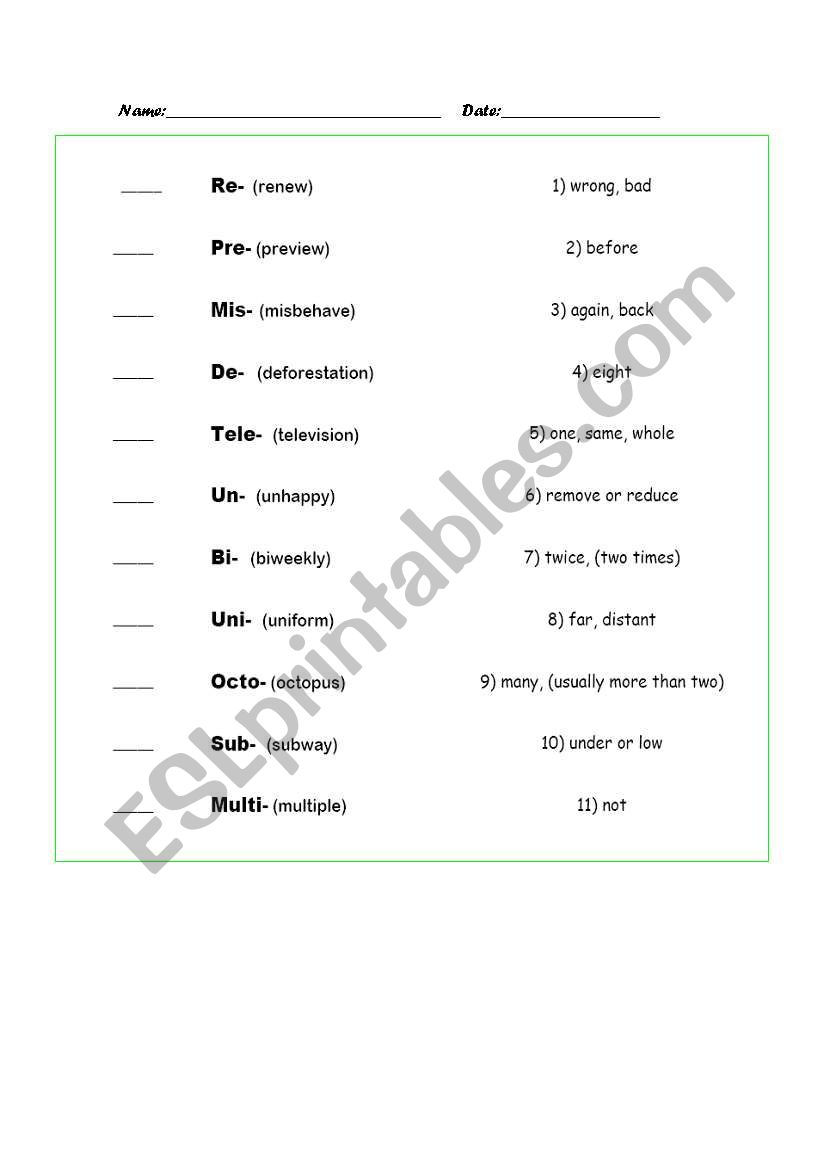 PREFIXES worksheet