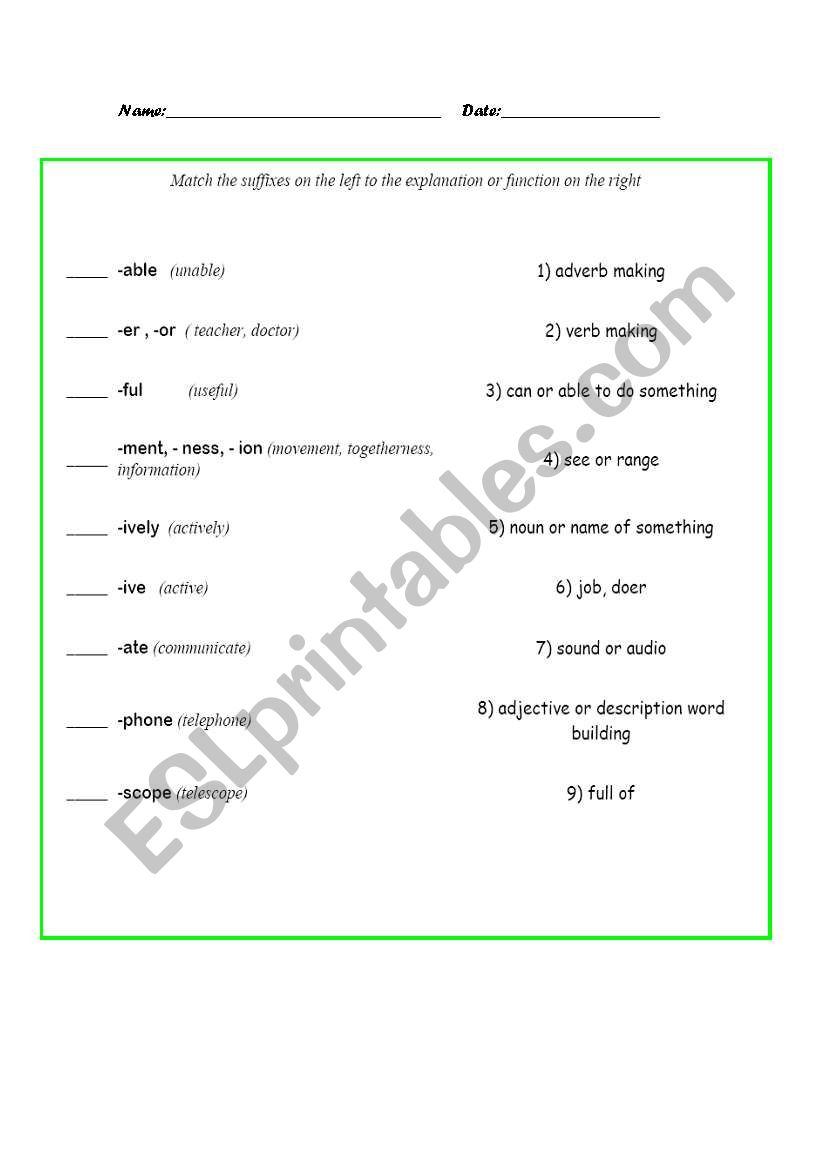 SUFFIXES worksheet