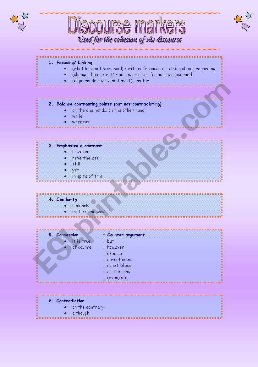 Discourse markers worksheet