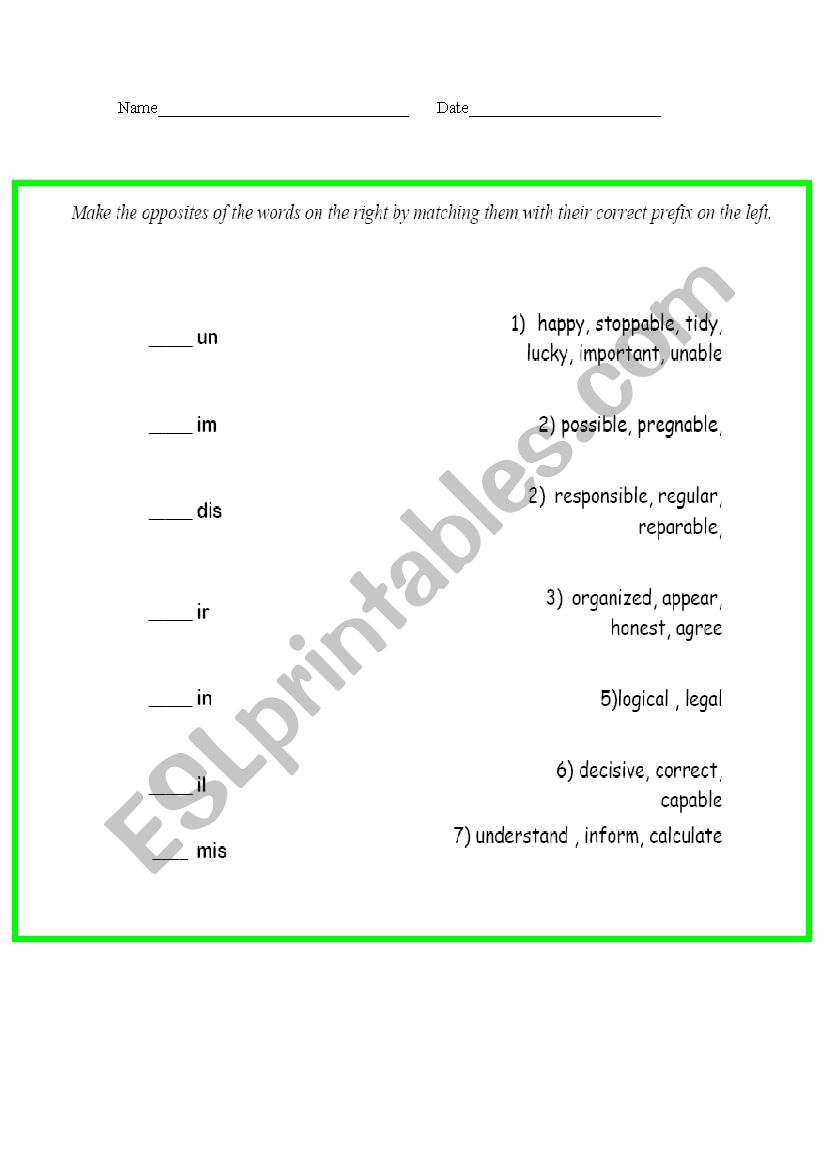 PREFIXES worksheet