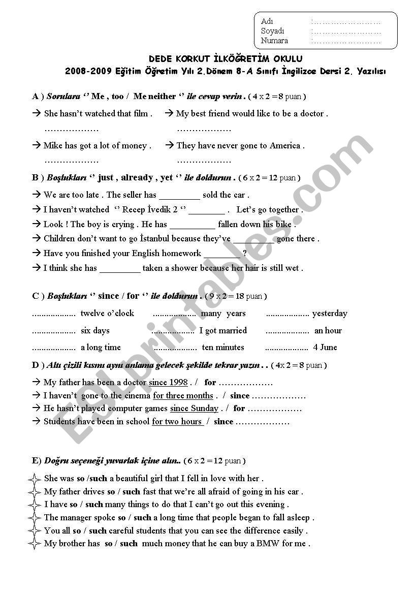 8th grade 2nd term 2nd exam worksheet