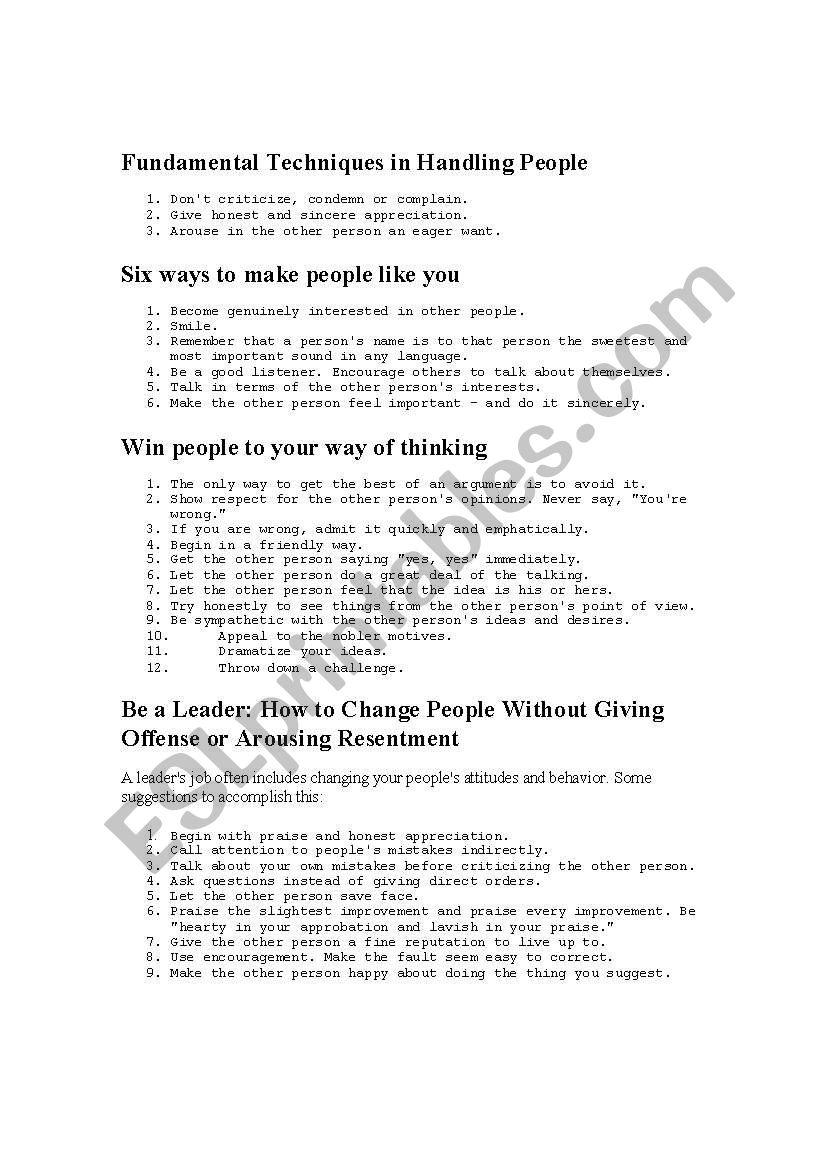 Dale Carnegie tips worksheet