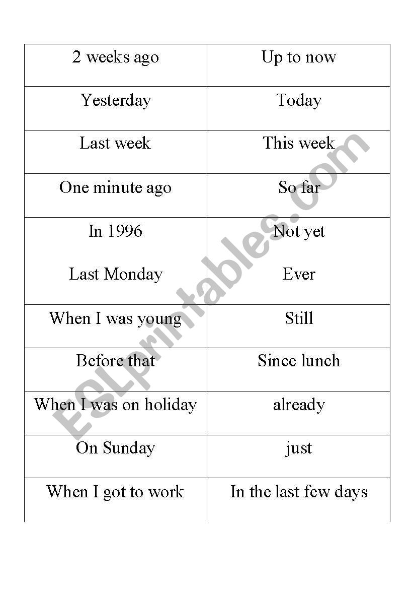 past or present perfect cards worksheet